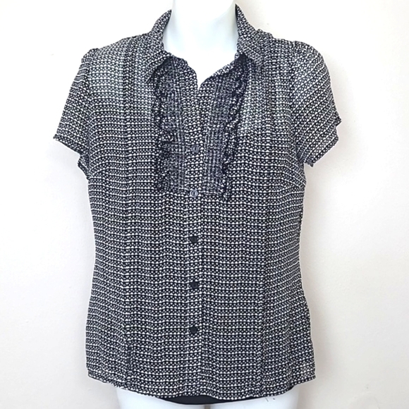 Blouse short sleeve ruffle button down black white print built in camisol Small - Picture 1 of 7